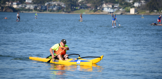 Cary Fergus paddling his Outrigger Canoe on San Francisco Bay