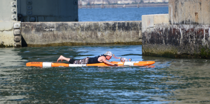 Prone Paddleboard rider Brian Thomas on San Francisco Bay