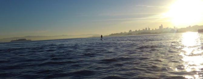 Paddleboarding on San Francisco Bay with the City Skyline in the background