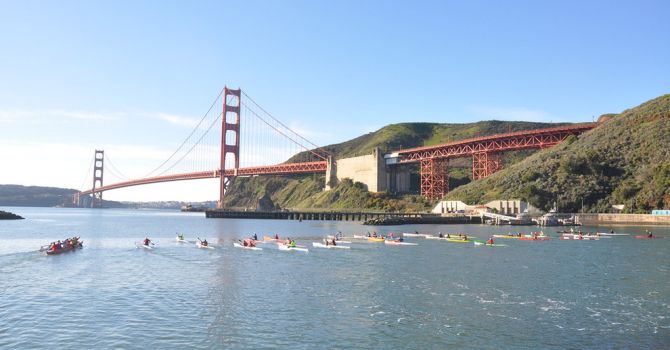 Outrigger Canoes and Surfskis at the start of the Long Strange Trip Paddle Race