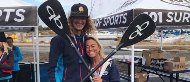 SUP Run Paddle Race winners Madeleine King and Barry Wicks