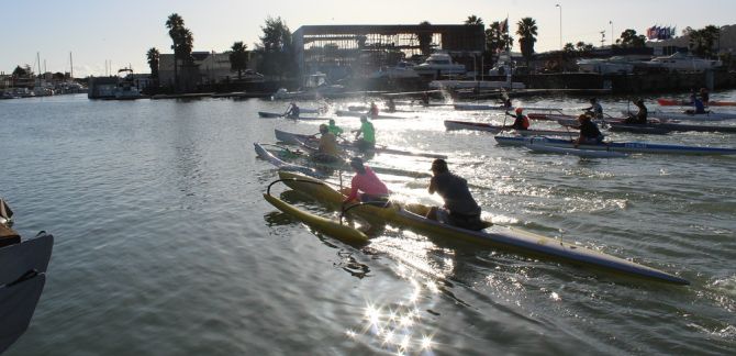 Paddle racing in Surfski, outrigger canoe, and paddleboards in San Rafael