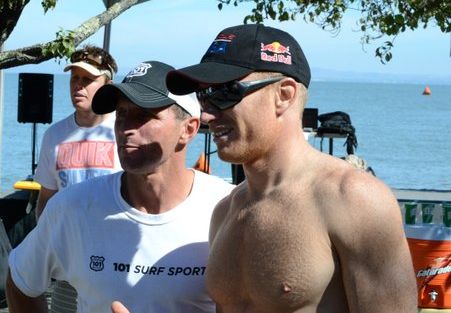 Jimmy Spithill at right with David Wells at Left at Battle of the Bay Stand Up Paddleboarding event